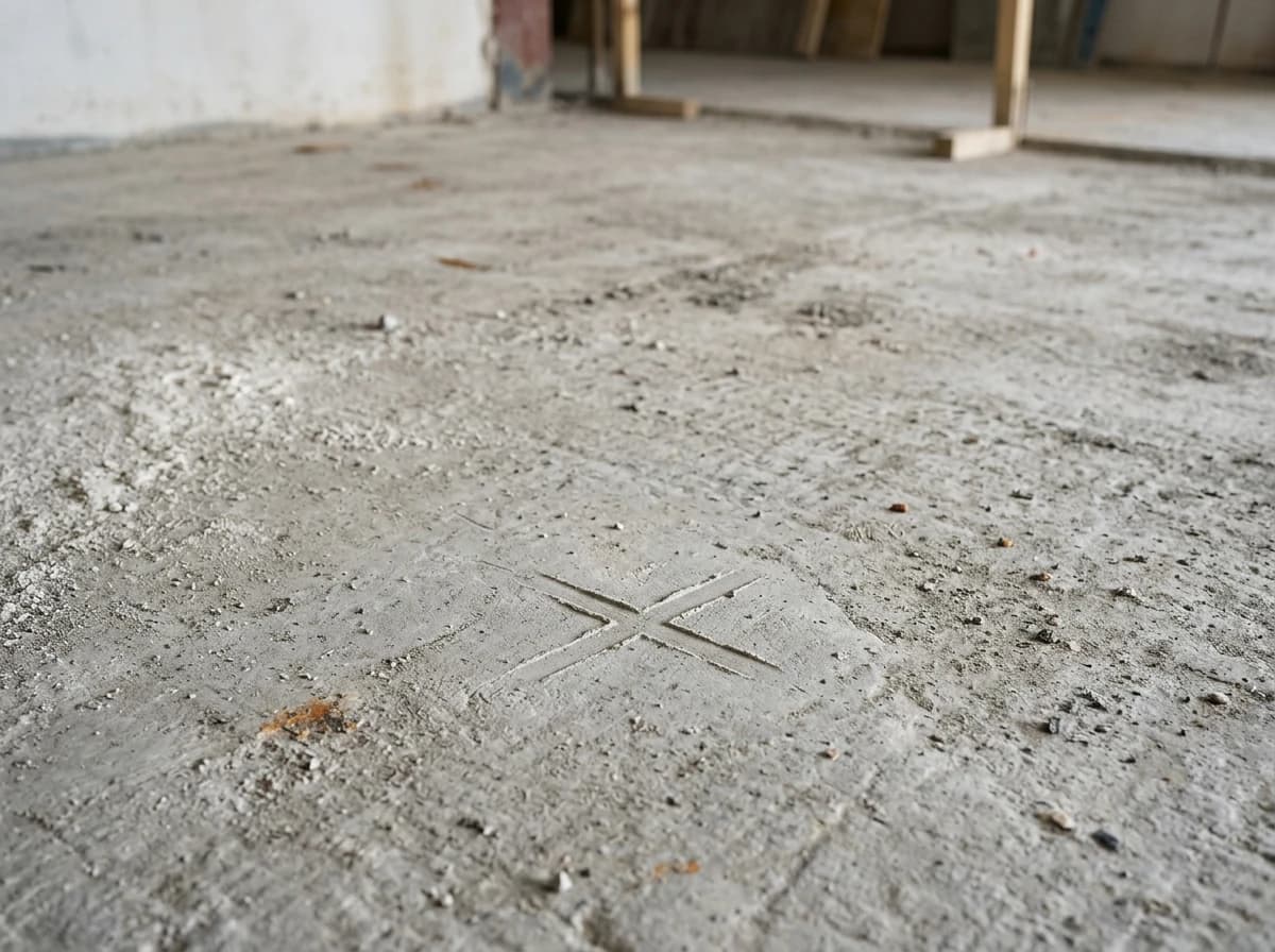 Suelo de obra con una marca en cruz grabada, punto fijo para la fotografía