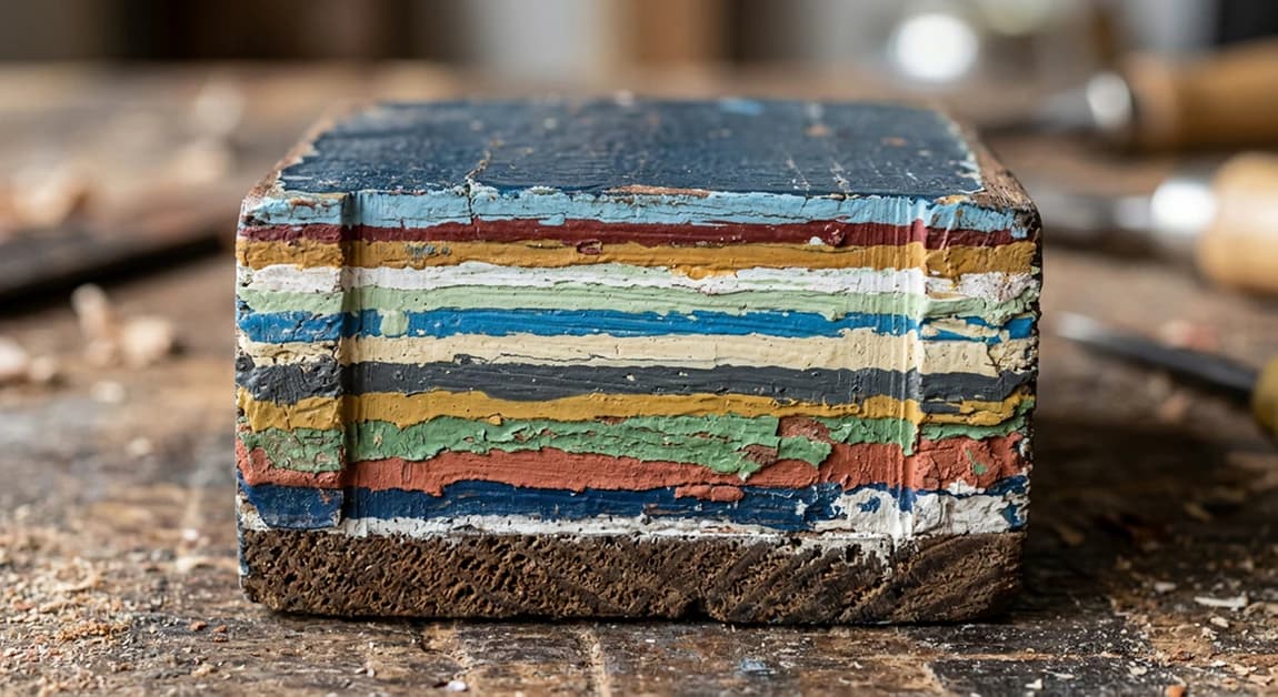 Sección de la cata con los estratos de pintura apilados en franjas de colores
