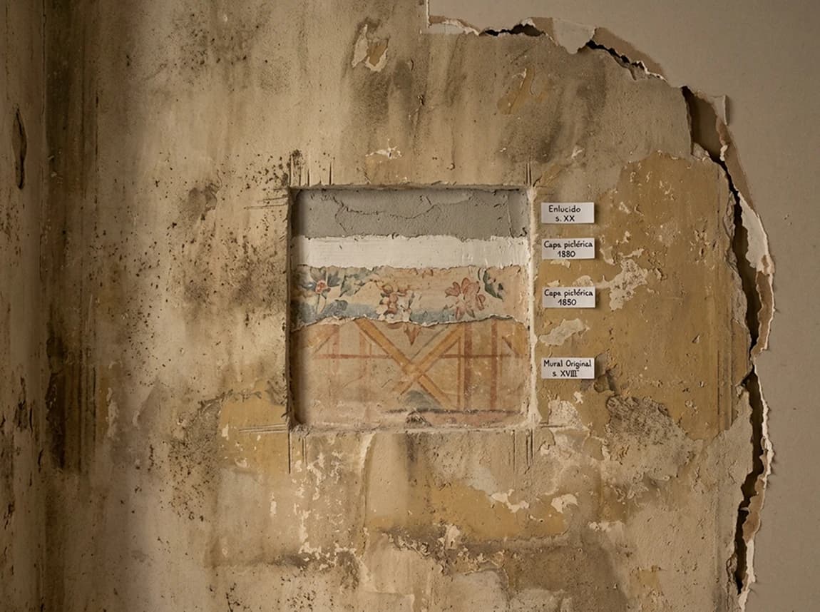 Muro con una cata rectangular abierta y etiquetas que señalan cada estrato