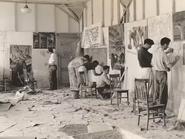 Taller de restauración con varios artistas trabajando en grandes lienzos