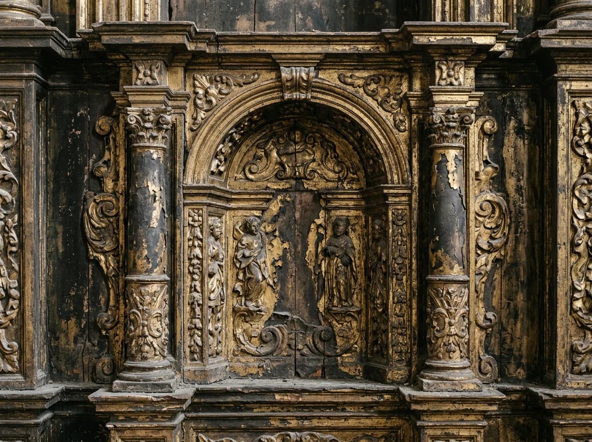 Retablo barroco dorado y policromado con hornacina central y columnas