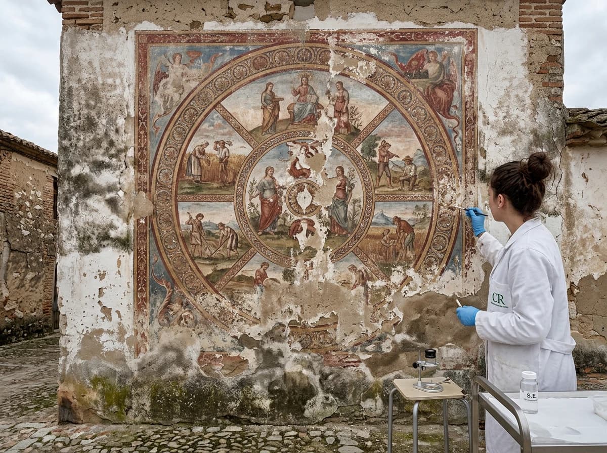 Pintura mural circular en la fachada de una casa mientras una restauradora la trata