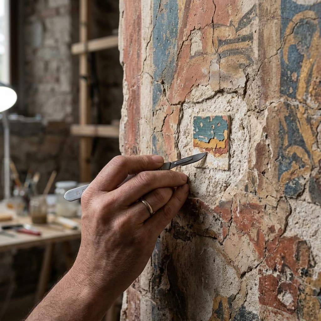 Mano de restaurador retirando con un bisturí una capa de pintura sobre un muro con estratos de color