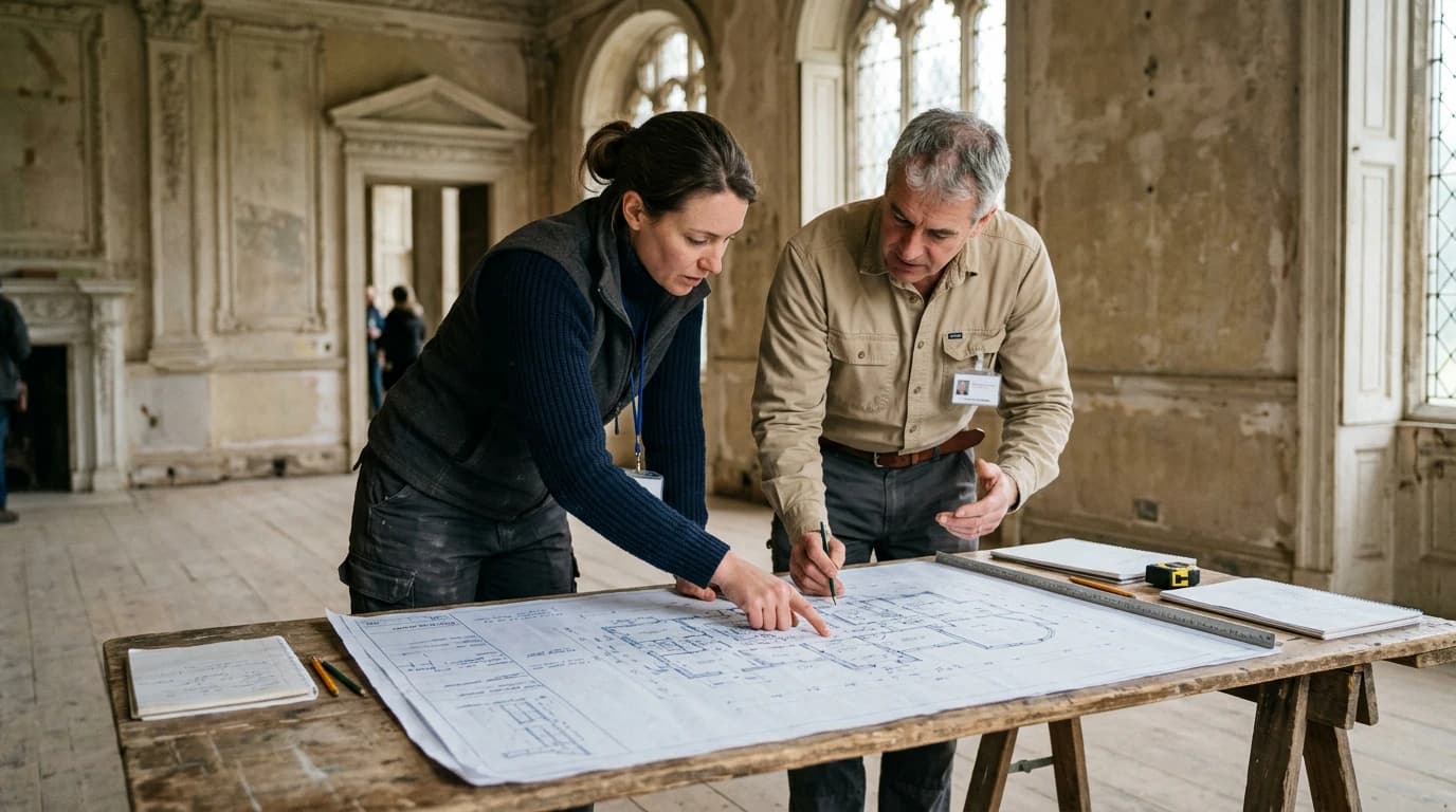Dos técnicos revisando un plano sobre una mesa en un salón histórico