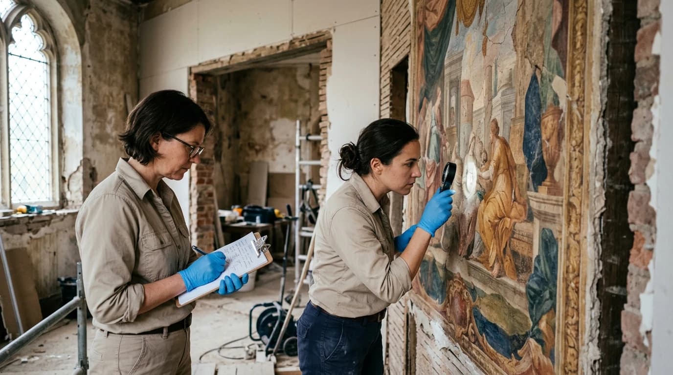 Dos restauradoras con guantes azules examinando una obra durante la visita técnica